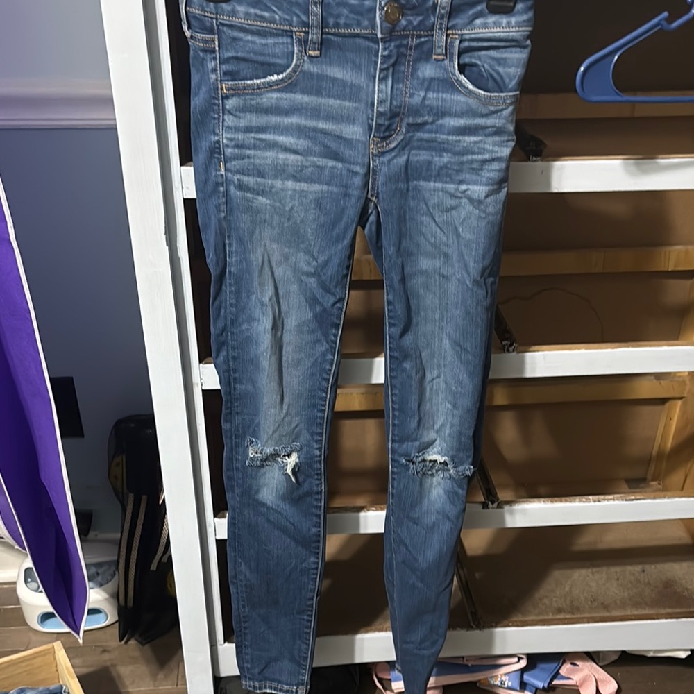 American Eagle Outfitters Blue Skinny Jeans with Distressed Design